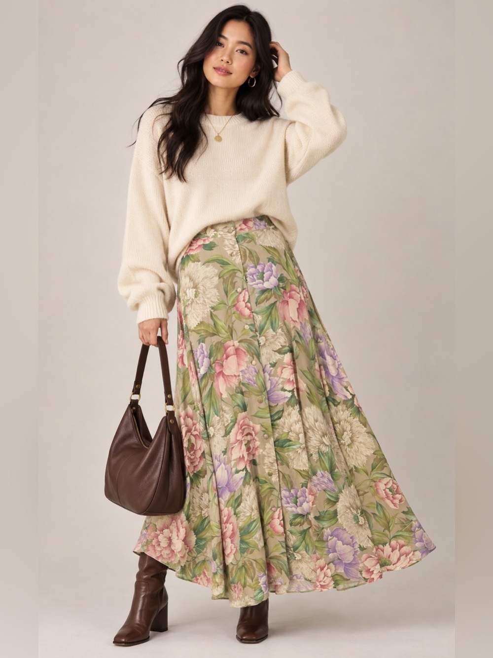 Dana Buchman Silk Vintage Floral Green Skirt size 10. Spring, Summer, Vacation